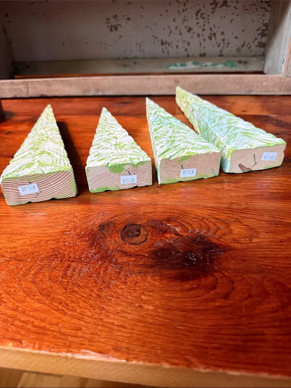 🌲 Handmade & Painted Snowy Green Holiday Trees Set of 4